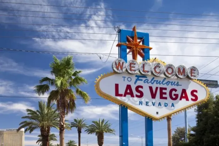 Framed Print : USA, Nevada, Las Vegas, Welcome to Fabulous Las Vegas sign surrounded by palm trees