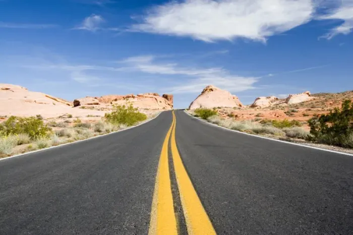Framed Print : USA - Nevada. Looking down road running through Valley of Fire State Park