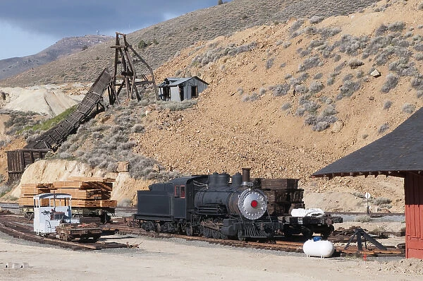 USA, Nevada. Old steam locomotive at historic Gold Hill train station, our side Virginia CIty