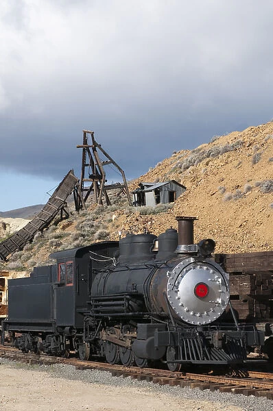 USA, Nevada. Old steam locomotive at historic Gold Hill train station, our side Virginia CIty