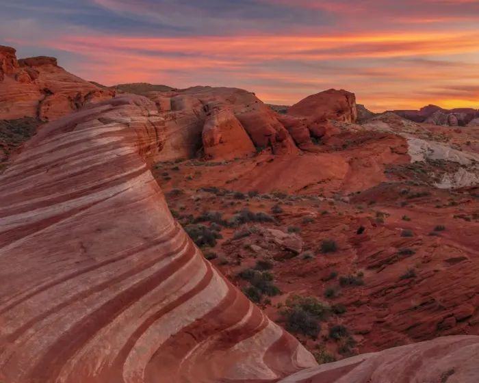 Framed Print : USA, Nevada, Overton, Valley of Fire State Park. Multi-colored rock formations at sunset
