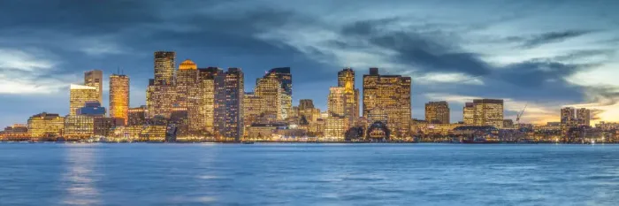 Framed Print : USA, New England, Massachusetts, Boston, city skyline from Boston Harbor, dusk