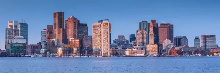 Framed Print : USA, New England, Massachusetts, Boston, city skyline from Boston Harbor, dawn