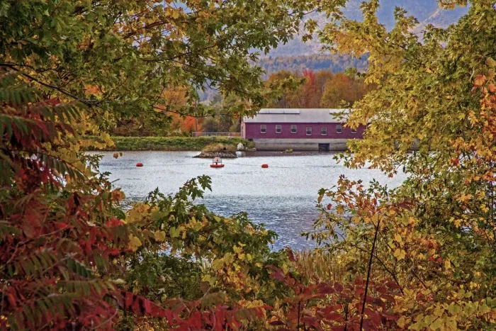 Framed Print : USA, New Hampshire, Gorham, Fall colored trees framing Androscoggin River near damn site Framed Print : USA, New Hampshire, Gorham, Fall colored trees framing Androscoggin River near damn site
