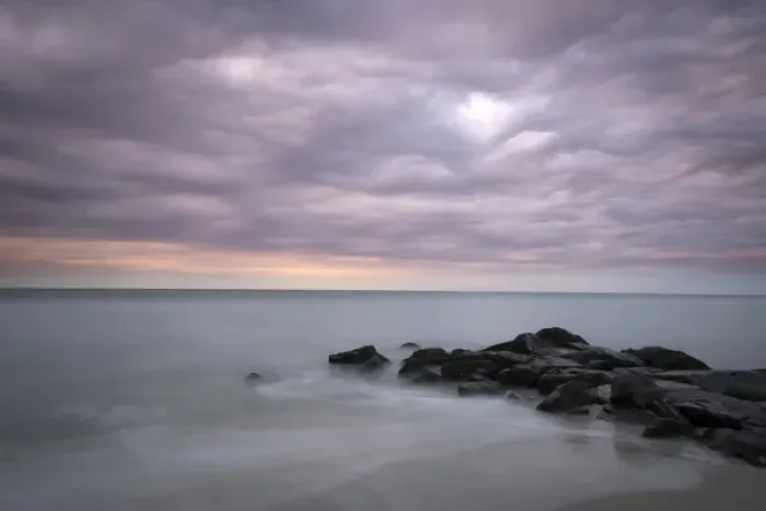 Framed Print : USA, New Jersey, Cape May National Seashore. Sunrise on stormy beach landscape. Credit as