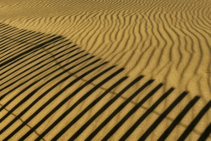 Framed Print : USA, New Jersey, Cape May National Seashore. Fence shadow on shore sand. Credit as Framed Print : USA, New Jersey, Cape May National Seashore. Fence shadow on shore sand. Credit as