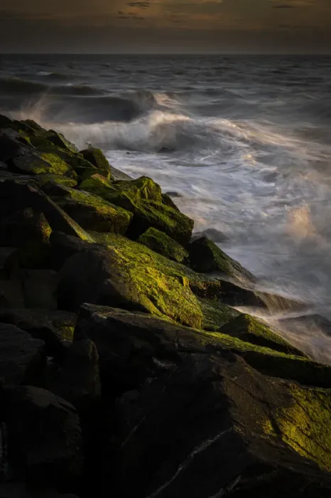 Framed Print : USA, New Jersey, Cape May National Seashore. Sunset on ocean and rocky shore Framed Print : USA, New Jersey, Cape May National Seashore. Sunset on ocean and rocky shore