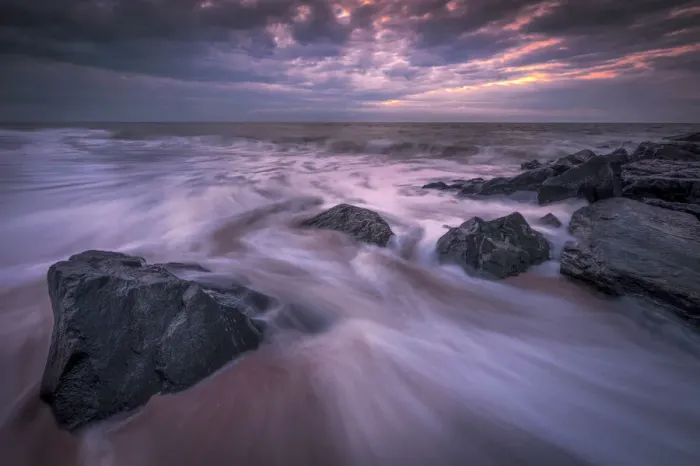 Framed Print : USA, New Jersey, Cape May National Seashore. Sunrise on rocky shore and ocean