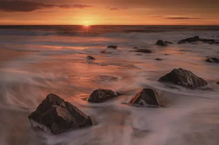Framed Print : USA, New Jersey, Cape May National Seashore. Sunrise on rocky shore and ocean