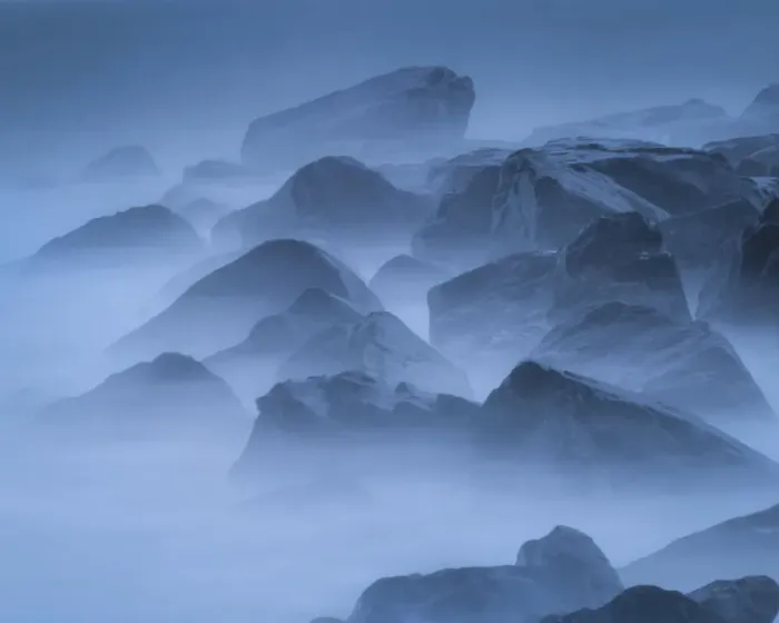 Framed Print : USA, New Jersey, Cape May National Seashore. Scenic of fog-covered rocks on shore