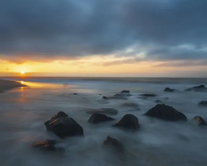 Framed Print : USA, New Jersey, Cape May National Seashore. Sunrise on rocky shoreline