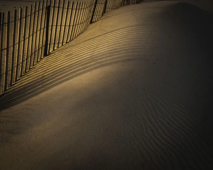 Framed Print : USA, New Jersey, Cape May National Seashore. Fence shadow patterns in sand