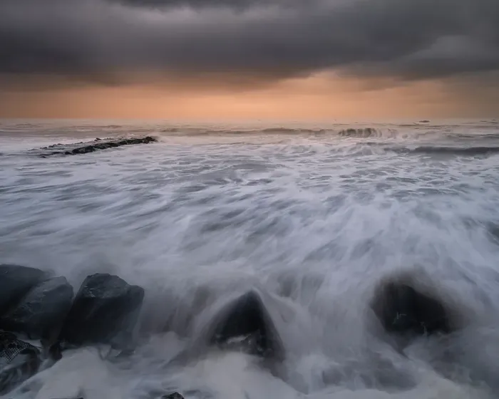 Framed Print : USA, New Jersey, Wildwood. Stormy sunrise on beach and ocean
