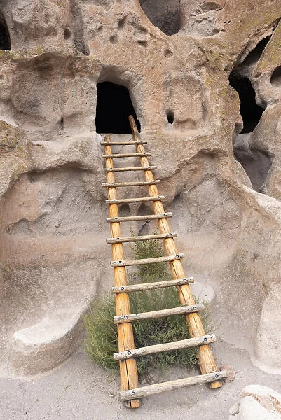 USA, New Mexico. Bandelier National Monument, Ladder leads to entrance in dwelling carved