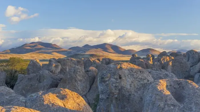 Framed Print : USA, New Mexico, City of Rocks State Park. Landscape of boulders and mountains. Credit as