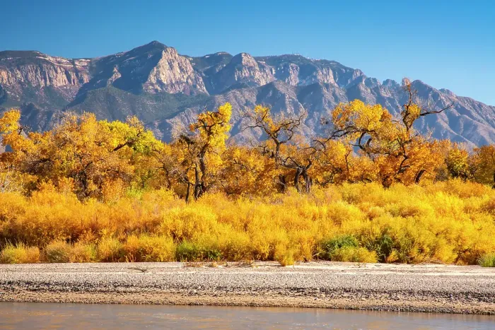 Framed Print : USA, New Mexico. Rio Grande River and Sandia Mountains in autumn. ©Cathy & Gordon Illg  /  Jaynes Gallery  /  DanitaDelimont.com