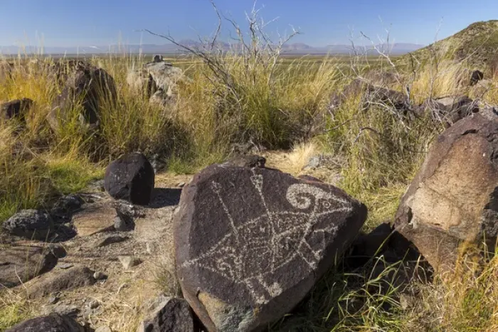 Framed Print : USA, New Mexico, Three Rivers Petroglyph Site. Petroglyph etching on rock. Credit as