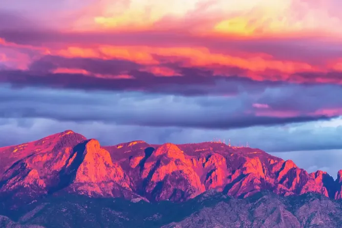 Framed Print : USA, New Mexico, Sandia Mountains. Mountains and clouds at sunset