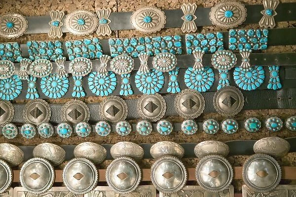 USA, New Mexico, Santa Fe: Turquoise & Silver Belts For Sale