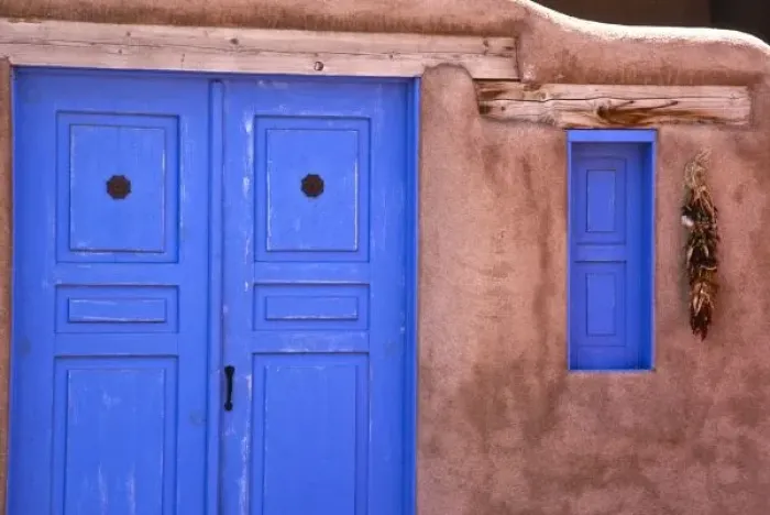 Framed Print : USA, New Mexico, Santa Fe. View of blue door and window in adobe structure Framed Print : USA, New Mexico, Santa Fe. View of blue door and window in adobe structure