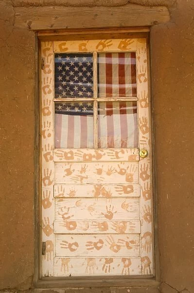 USA, New Mexico, Taos: Taos Indian Pueblo (b. 1450) Patriotic & Artistic Pueblo Door