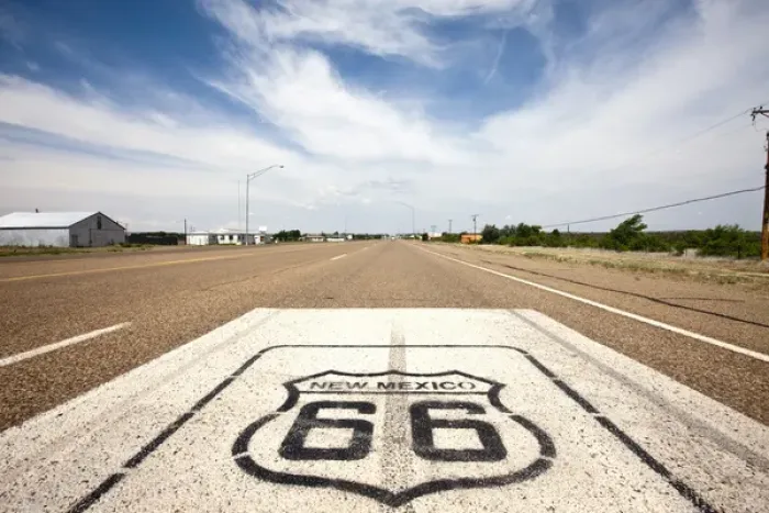 Framed Print : USA, New Mexico, Tucumcari, Route 66 marker on highway