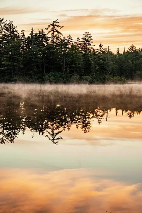 Framed Print : USA, New York. Adirondack Park (National Historic Landmark), Saranac Lake, Hoel Pond, sunrise with tree reflections in the water
