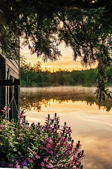 Framed Print : USA, New York. Adirondack Park (National Historic Landmark), Saranac Lake, Hoel Pond, view of sunrise past boathouse Framed Print : USA, New York. Adirondack Park (National Historic Landmark), Saranac Lake, Hoel Pond, view of sunrise past boathouse