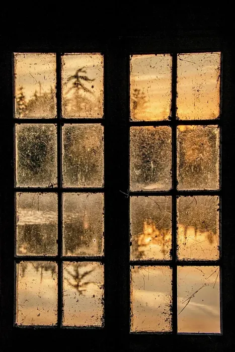 Framed Print : USA, New York. Adirondack Park (National Historic Landmark), Saranac Lake, Hoel Pond, sunrise view and reflections seen through dirty boathouse window Framed Print : USA, New York. Adirondack Park (National Historic Landmark), Saranac Lake, Hoel Pond, sunrise view and reflections seen through dirty boathouse window