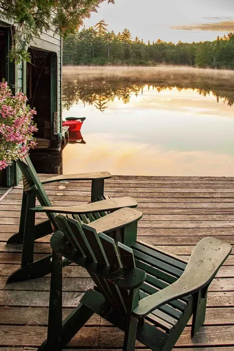Framed Print : USA, New York. Adirondack Park (National Historic Landmark), Saranac Lake, Hoel Pond, Adirondack chairs on boathouse dock