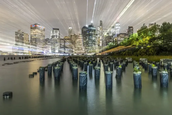 Framed Print : USA, New York. Downtown view from Pier 1, wooden pilings in front of river in Brooklyn Heights