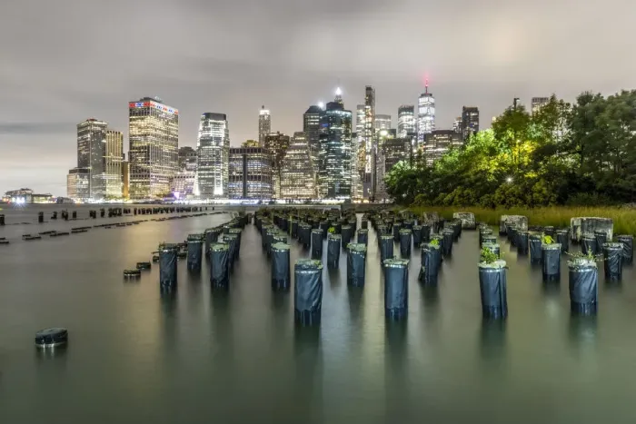 Framed Print : USA, New York. Downtown view from Pier 1, wooden pilings in front of river in Brooklyn Heights Framed Print : USA, New York. Downtown view from Pier 1, wooden pilings in front of river in Brooklyn Heights