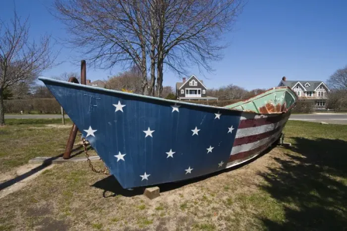Framed Print : USA, New York, East Hampton. Boat painted with USA flag