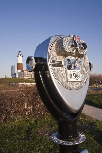 USA, New York, East Hampton. Montauk Point Lighthouse and binoccular, sunset