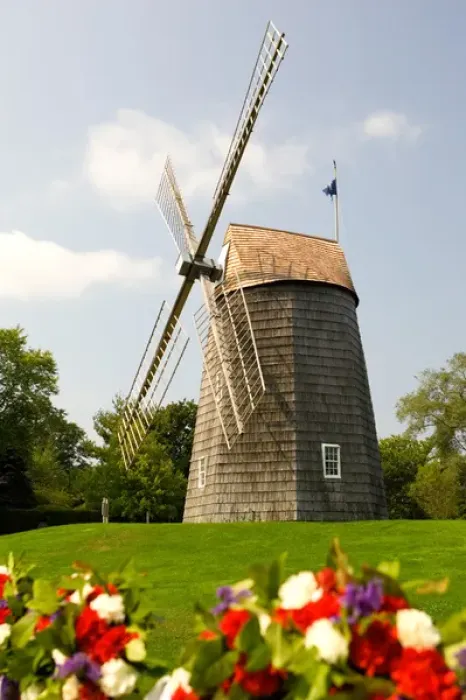 Framed Print : USA, New York, East Hampton, Veterans Memorial and wind mill
