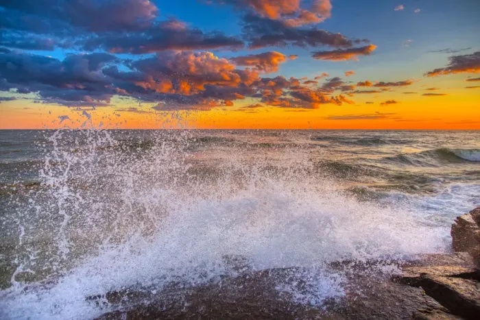 Framed Print : USA, New York, Lake Ontario. Sunset waves on rocky shoreline