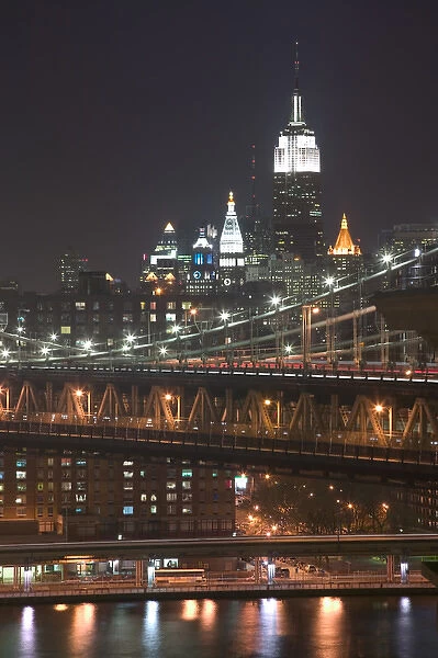 USA-New York-New York City-Manhattan: Aerial Evening View of Manhattan Bridge, Empire