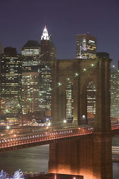 USA-New York-New York City-Manhattan: Aerial Evening View of Brooklyn Bridge & Lower