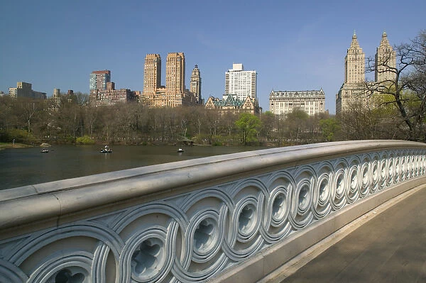 USA-New York-New York City-Manhattan: Central Park-Bow Bridge on the Lake with Buildings