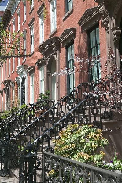 USA-New York-New York City-Manhattan: Greenwich Village-Brownstone Buildings  /  Springtime St