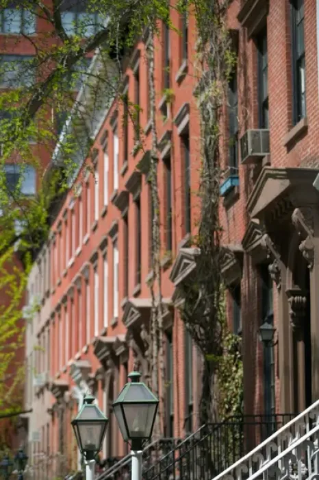 Framed Print : USA-New York-New York City-Manhattan: Greenwich Village-Brownstone Buildings  /  Springtime St