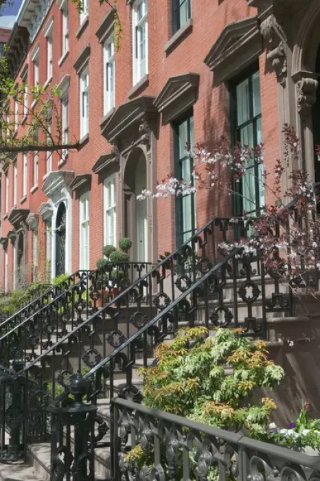 Framed Print : USA-New York-New York City-Manhattan: Greenwich Village-Brownstone Buildings / Springtime St Framed Print : USA-New York-New York City-Manhattan: Greenwich Village-Brownstone Buildings / Springtime St