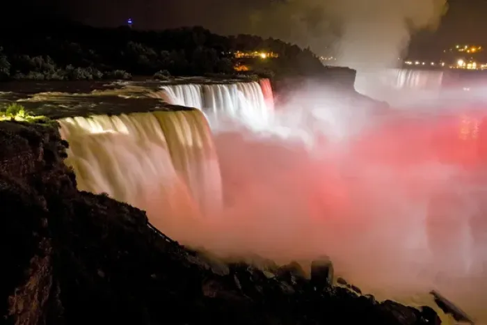 Framed Print : USA, New York, Niagara Falls. Close-up view at twilight of the waterfalls and mist