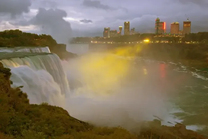 Framed Print : USA, New York, Niagara Falls. Twilight view of American Falls in foreground, Goat Island Framed Print : USA, New York, Niagara Falls. Twilight view of American Falls in foreground, Goat Island