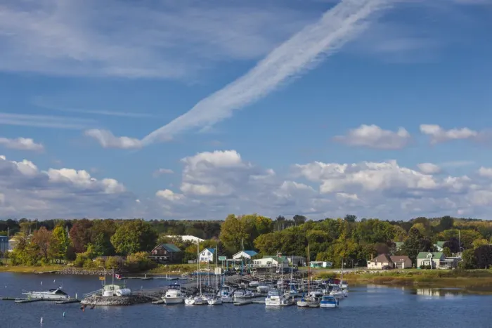 Framed Print : USA, New York, Rouses Point. town marina along Lake Champlain, autumn