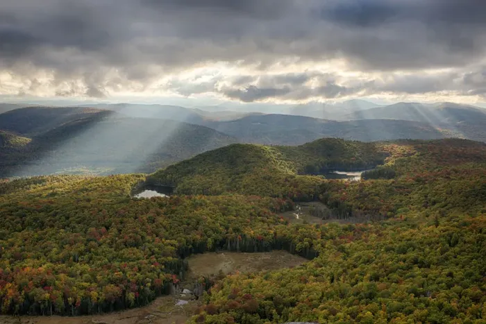 Framed Print : USA, New York State. Autumn sunrays in the mountains, Adirondack Mountains