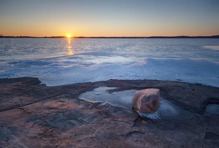 Framed Print : USA, New York State. Winter sunset over a frozen St. Lawrence River, Thousand Islands