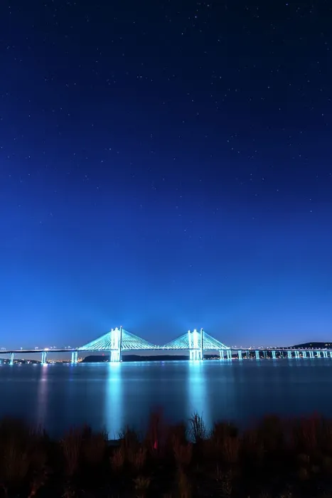 Framed Print : USA, New York, Tarrytown. Stars over the Hudson River and the Gov. Mario Cuomo (Tappan Zee) Bridge