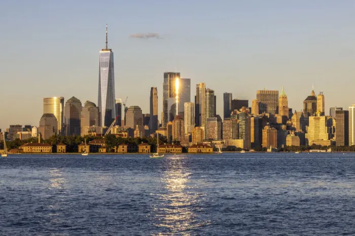 Framed Print : USA, New York. View of New York City skyline at sunset from Port Liberte in Jersey City, New Jersey