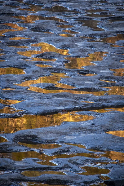 USA, New York, Watkins Glen. Reflections in water on rock